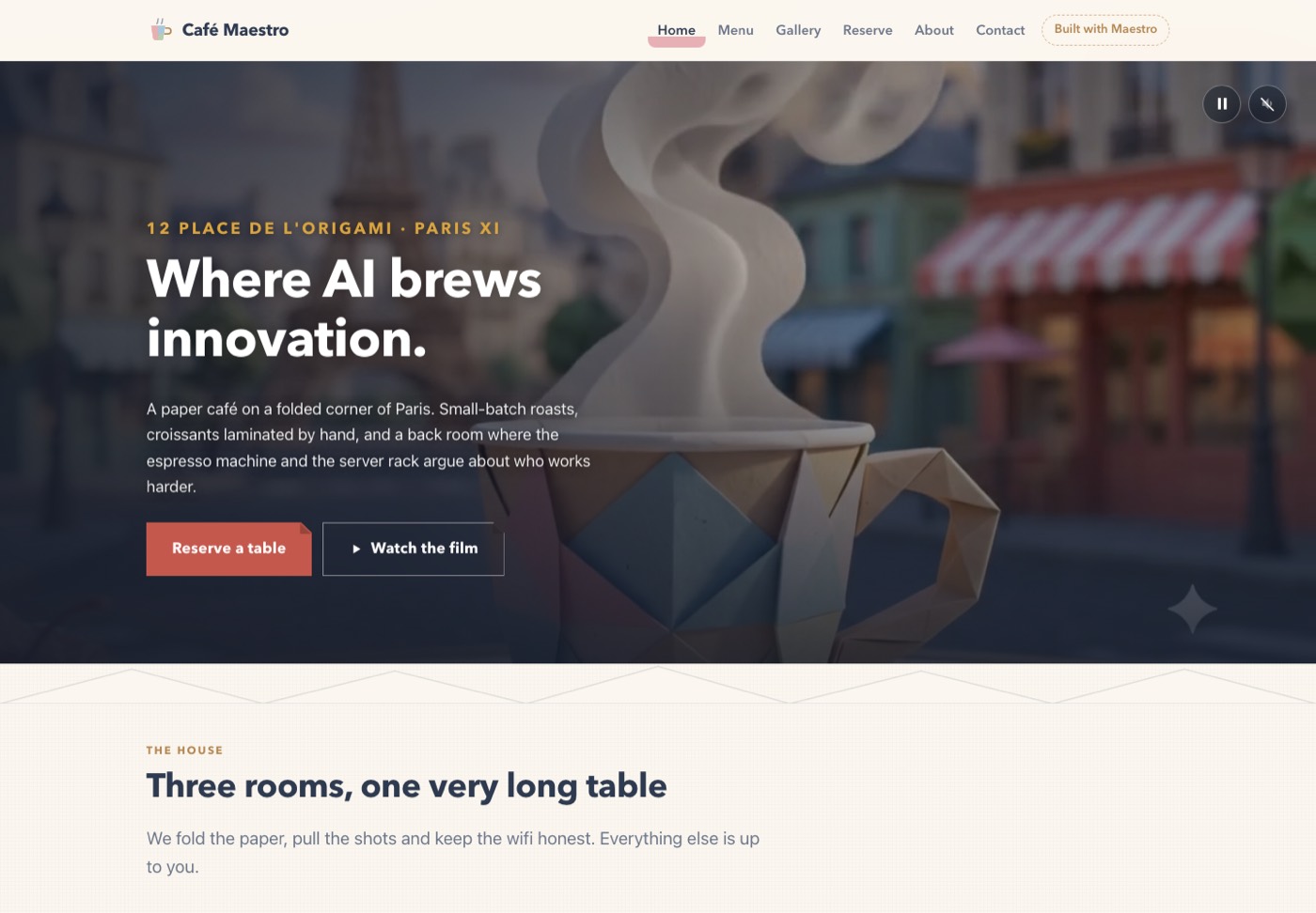 Café Maestro's home page: a full-width film of an origami paper Paris street behind the headline 'Where AI brews innovation', with Reserve a table and Watch the film buttons.