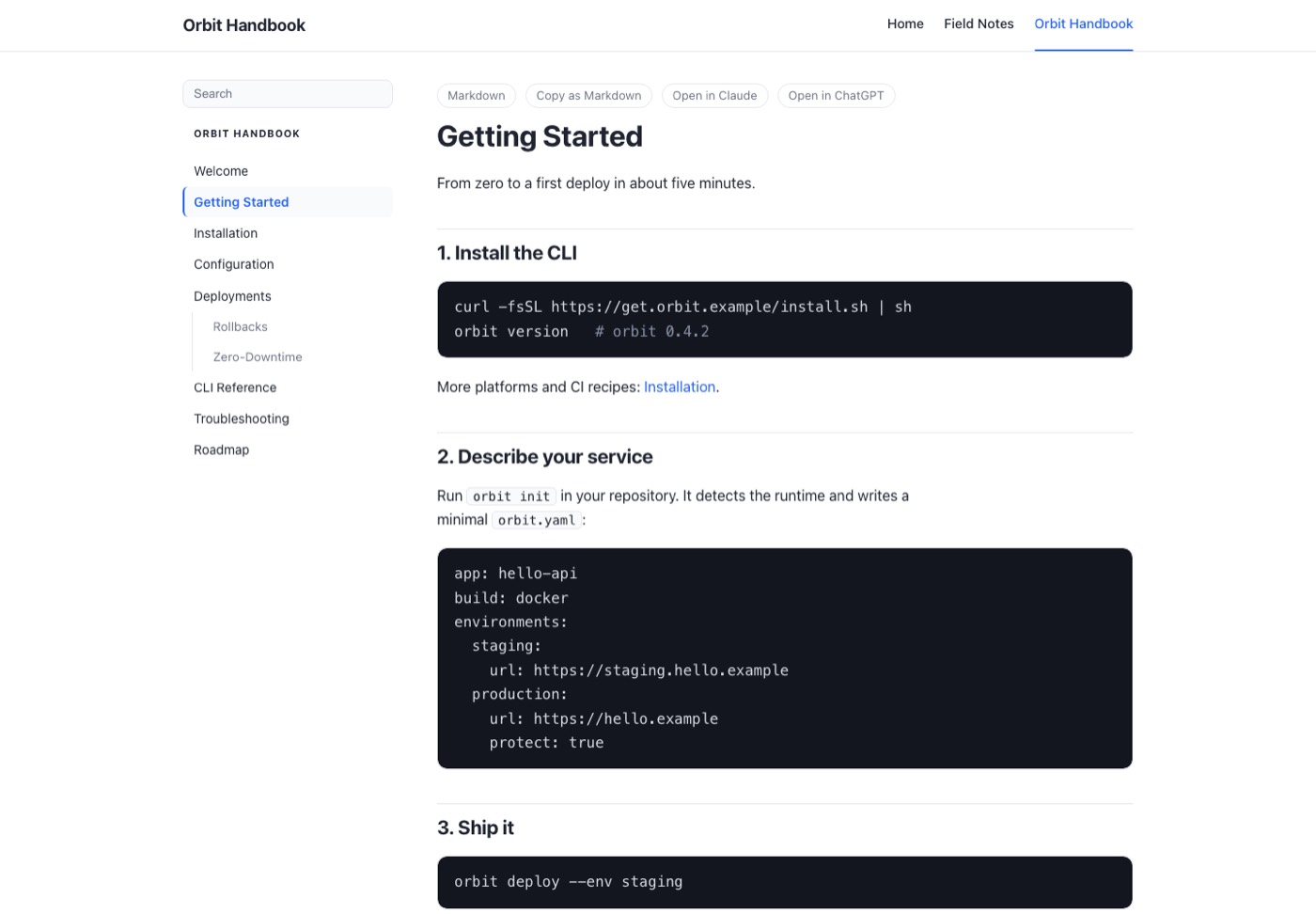The Orbit Handbook documentation page: a search box and chapter navigation on the left, and a Getting Started chapter with Markdown, Copy as Markdown, Open in Claude and Open in ChatGPT buttons above the heading.